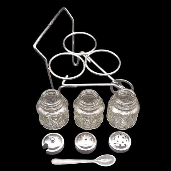 Vintage Condiment Wheelbarrow 3 Clear Cut Glass Containers Shakers & Jam Spoon - Picture 1 of 6